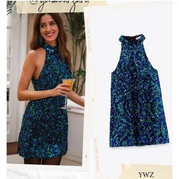 Zara Blue and Green SEQUIN HALTER DRESS - Picture 1 of 12